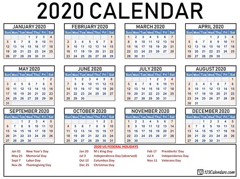 Printable calendars 2020